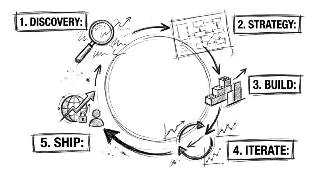 For a diagram like this, the Alt tag needs to do two things: it must be descriptive for accessibility, and it must reinforce your Topic Authority for search engines.

Since this diagram represents your core "Expertise," the Alt tag should summarize the methodology while hitting those high-value industry terms.
The Recommended Alt Tag

Digital Blocks project methodology diagram showing the iterative development cycle: Discovery, Strategy, Build, Iterate, and Ship for AI-native web solutions.